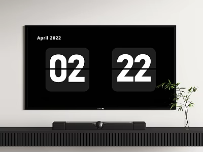 Modern TV Displaying April 2022 Date 02 22 On Black Stand With Plant 3d model