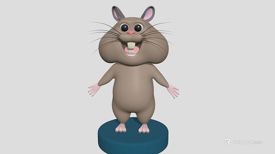 Cute Cartoon Hamster Character With Big Eyes Pink Ears And Whiskers Standing On Blue Base 3d model 