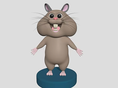 Cute Cartoon Hamster Character With Big Eyes Pink Ears And Whiskers Standing On Blue Base 3d model