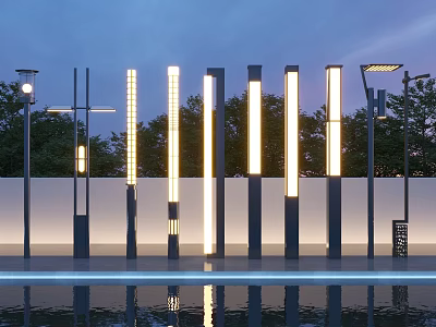 Modern Outdoor Lights With Bright Illumination For Garden Landscape And Water Reflection 3d model