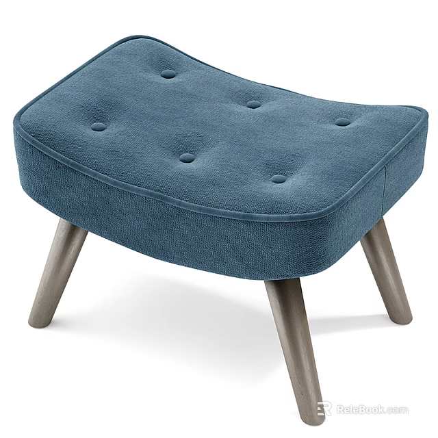 Modern Blue Upholstered Stool With Tufted Cushion And Wooden Legs 3d model 