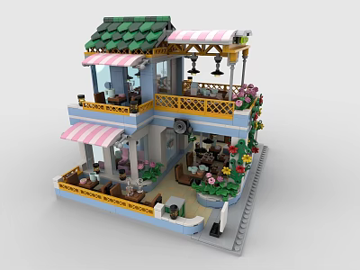 Two Story Brick Building With Green Roof Pink Striped Awning Balcony Tables Chairs And Flowers 3d model