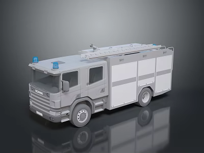 Gray Fire Truck 3D Model With Blue Emergency Lights And Roof Equipment 3d model