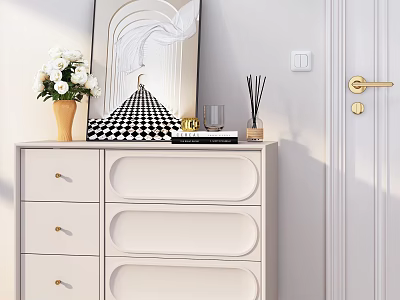 White Modern Shoe Cabinet with Drawers Topped with Flower Vase Aromatic Sticks and Books 3d model
