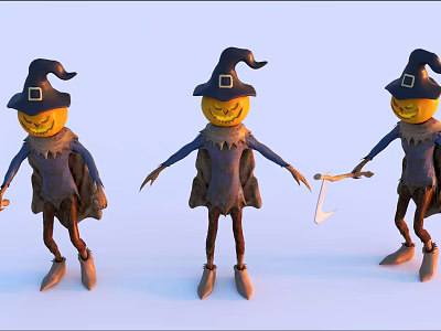 Three Fantasy Pumpkin Headed Game Movie Characters Wearing Wizard Hats And Cloaks Holding Scythe 3d model