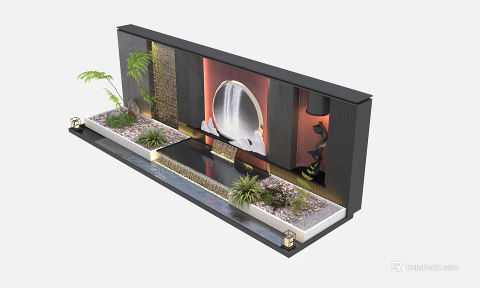 Modern Feature Wall Design With Circular Waterfall Green Plants And Decorative Elements 3d model