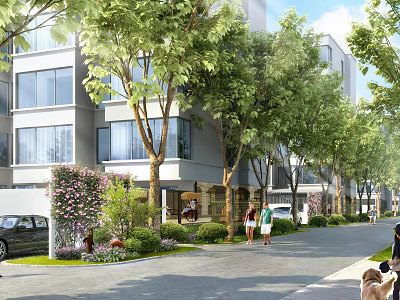 Road Facilities Along City Street With Trees Buildings And Pedestrians 3d model