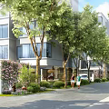 Road Facilities Along City Street With Trees Buildings And Pedestrians