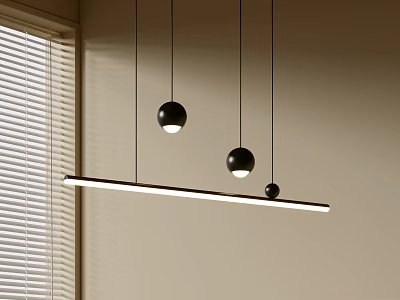 Modern Minimalist Pendant Light with Long Bar and Three Black Spherical Bulbs in Indoor Interior 3d model