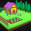 Cartoon House With Purple Roof Yellow Walls Wooden Fence Green Trees Vegetable Garden And Path