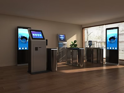 Modern Indoor Entry Area With Access Control Turnstiles And Digital Screens 3d model