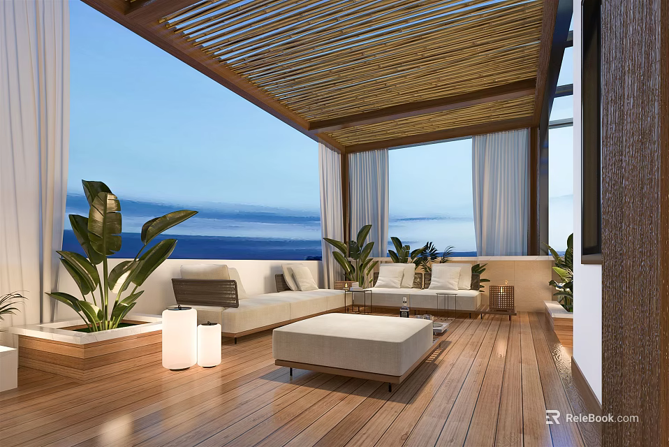 Rooftop Garden With Wooden Deck Cozy Sofa Green Plants Pergola And Ocean View 3d model 