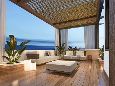 Rooftop Garden With Wooden Deck Cozy Sofa Green Plants Pergola And Ocean View 3d model