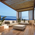 Rooftop Garden With Wooden Deck Cozy Sofa Green Plants Pergola And Ocean View