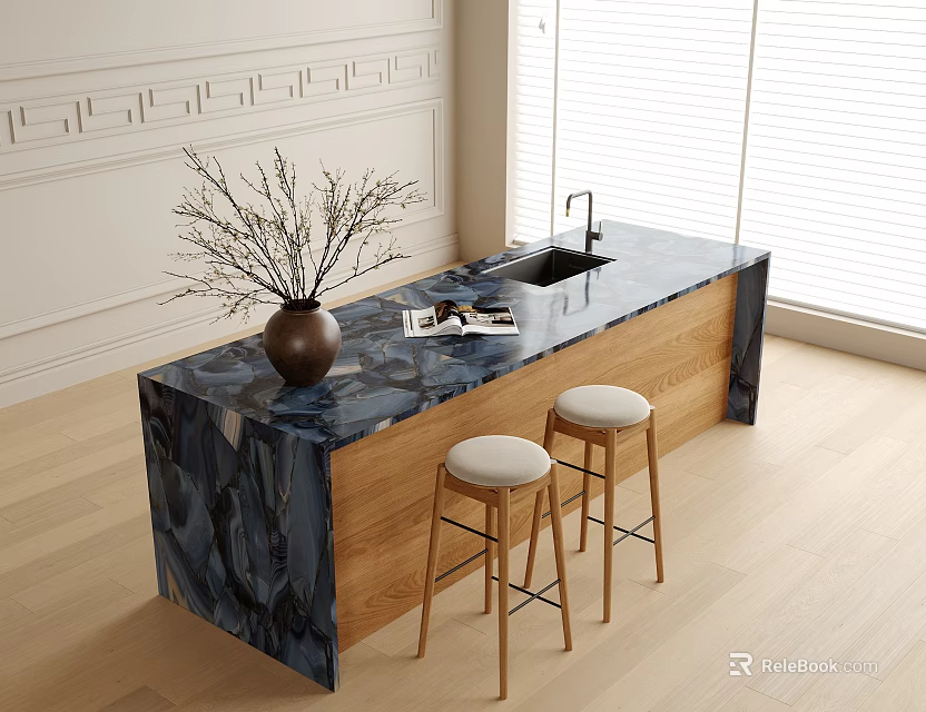 Stylish Bar Counter With Dark Marble Top Wooden Base Sink Vase And Light Stools 3d model 
