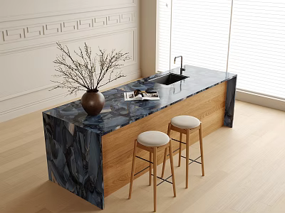 Stylish Bar Counter With Dark Marble Top Wooden Base Sink Vase And Light Stools 3d model