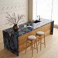 Stylish Bar Counter With Dark Marble Top Wooden Base Sink Vase And Light Stools