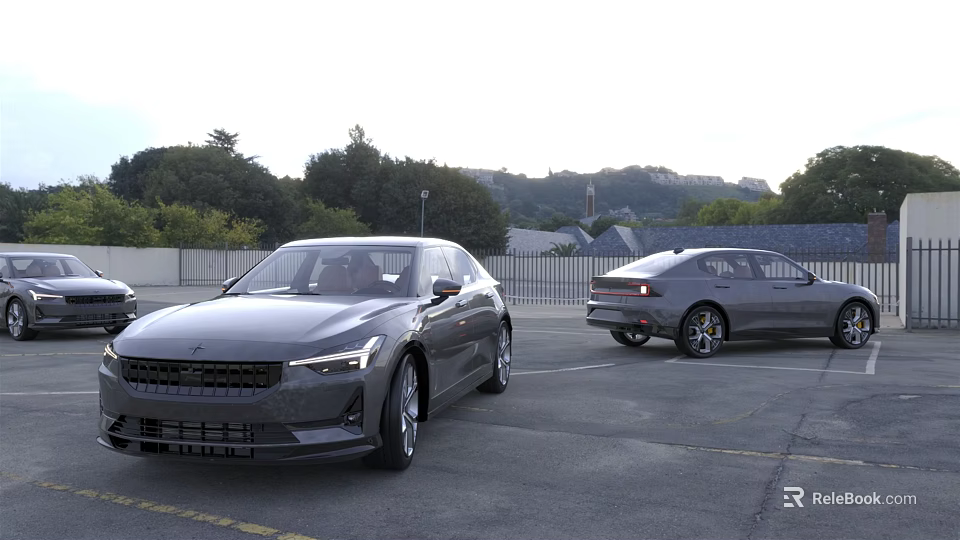 Two Gray Sedans Parked In Open Parking Lot With Trees And Hills 3d model 