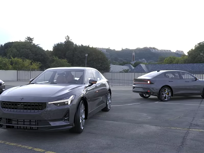 Two Gray Sedans Parked In Open Parking Lot With Trees And Hills 3d model