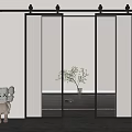Modern Sliding Barn Door With Ribbed Glass Black Frame In Contemporary Interior Decorative Plant