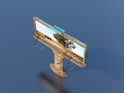 Large Outdoor Billboard With Rusty Pole Supports Displaying Scenic Tree And People Under Blue Sky 3d model