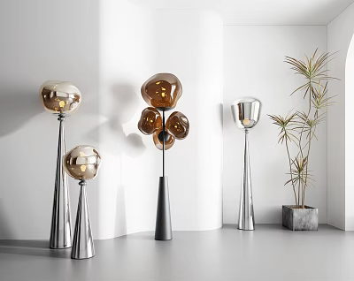 Modern Spherical Floor Lamps With Metallic Bases And Potted Plant In Interior 3d model