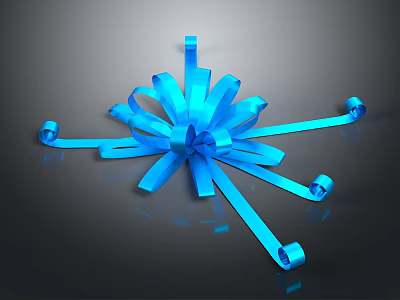 Blue Bow with Extended Blue Ribbons Curled Ends and Shiny Glossy Finish Against Dark Background 3d model