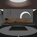 Serene Cultural Center Interior Featuring Statue Circular Pool Mist And Wooden Steps