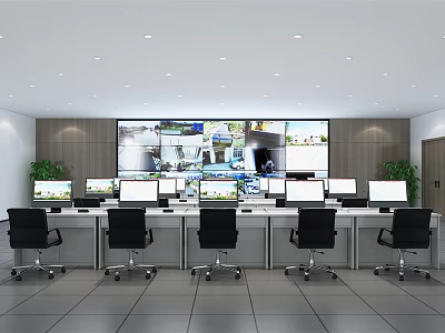 Modern Security Monitoring Room With Surveillance Video Wall And Multiple Workstations 3d model