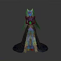 Woman In Blue Gown With Layered White Skirt Gold Belt And Winged Headpiece