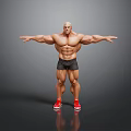 A Muscular Man With Arms Outstretched Wearing Black Shorts And Red Sneakers