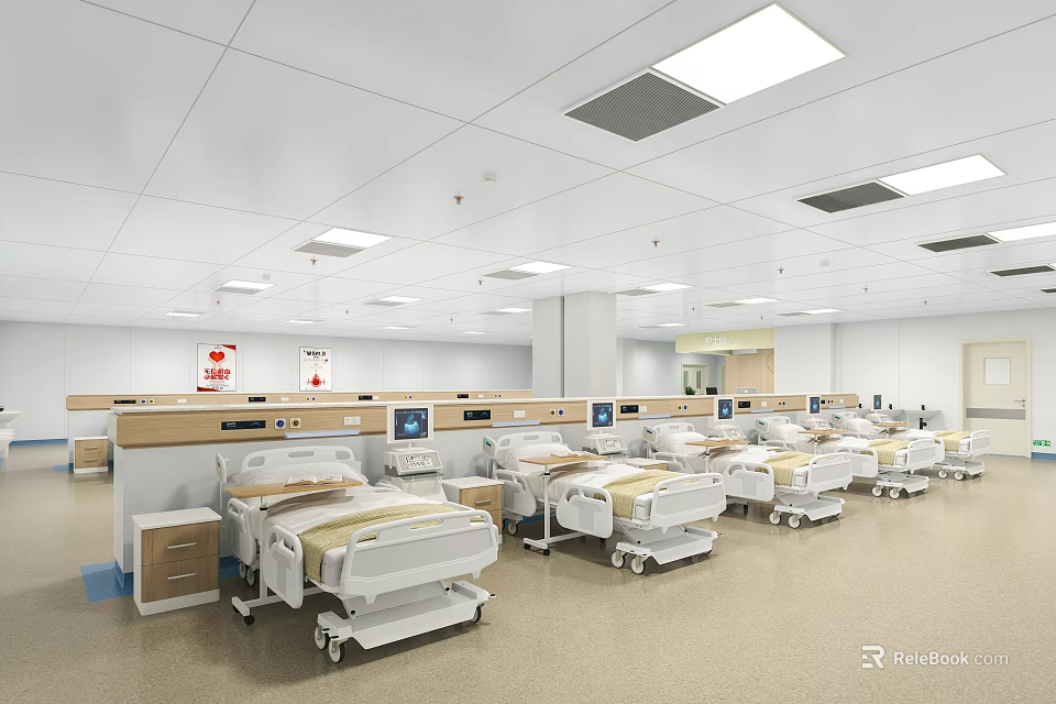 Clean Modern Hospital Outpatient Ward With Multiple Medical Beds And Ceiling Lights 3d model 