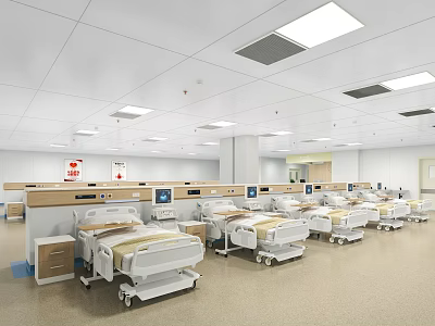 Clean Modern Hospital Outpatient Ward With Multiple Medical Beds And Ceiling Lights 3d model