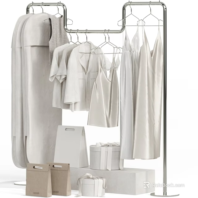 Minimalist White Clothes Hanging On Racks With Shirts Dresses And Storage Boxes 3d model 