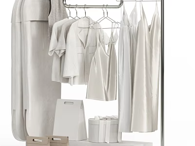 Minimalist White Clothes Hanging On Racks With Shirts Dresses And Storage Boxes 3d model