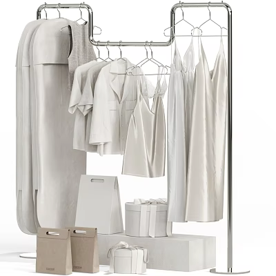 Minimalist White Clothes Hanging On Racks With Shirts Dresses And Storage Boxes 3d model