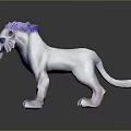 White Lion with Purple Mane and Blue Eyes 3D Render Standing on Dark Surface