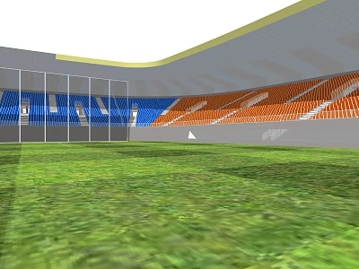 Sports Stadium Interior With Green Grass Field And Blue Orange Seats 3d model