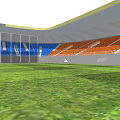 Sports Stadium Interior With Green Grass Field And Blue Orange Seats