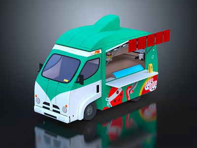 Green And White Food Truck As Mobile Commercial Kitchen Equipment With Red Accents 3d model