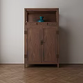 Chinese Style Wooden Storage Cabinet with Carved Design Double Doors Top Shelf and Blue Vase