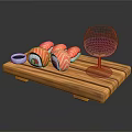 Fresh Salmon Sushi Rolls On Wooden Tray With Soy Sauce And Red Wine