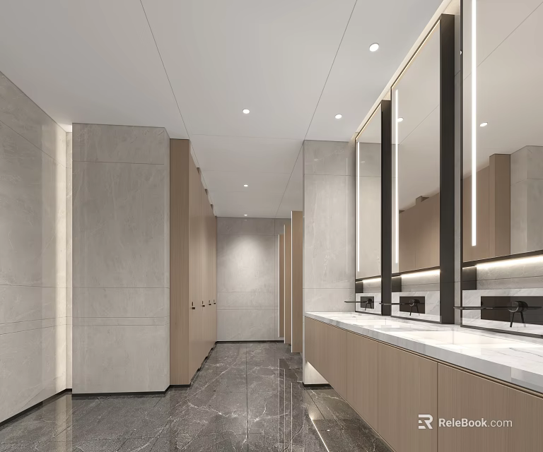 Modern Public Restroom Interior Design With Marble Counter Mirrors And Sinks 3d model 