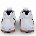 White High Top Athletic Shoes With Blue Logo And Brown Textured Sole