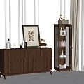 Wooden Buffet Cabinet With Glass Doors Interior Lighting And Decorative Items