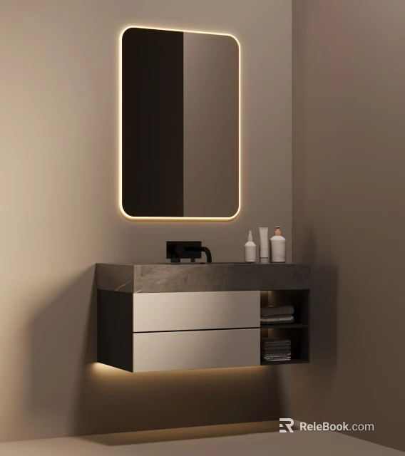 Modern Elegant Bathroom Vanity With Marble Countertop Mirror Cabinet Storage And LED Strip Lights 3d model 