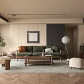 Modern Living Room Interior With Green Sofa Wooden Coffee Table Rug And Floor Lamp