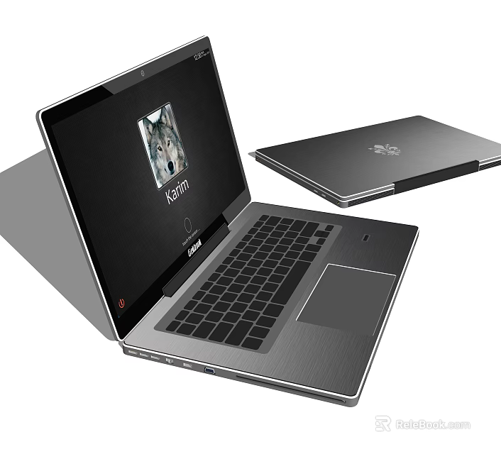 Sleek Kefan Laptop with Open and Closed Design Metallic Finish and Wolf Image on Screen 3d model 