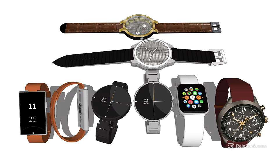 Various Style Watches Including Smartwatch Mechanical Designs With Leather Silicone Straps And Modern Classic Looks 3d model 