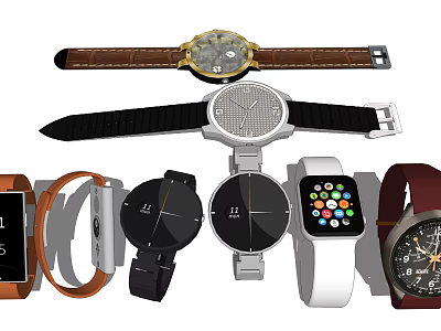 Various Style Watches Including Smartwatch Mechanical Designs With Leather Silicone Straps And Modern Classic Looks 3d model